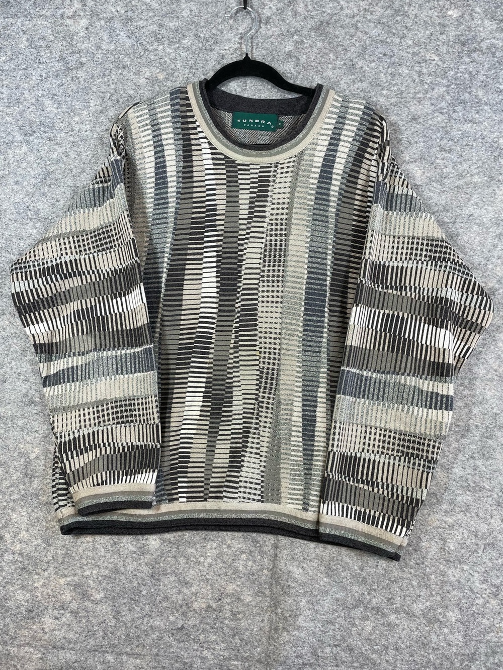 Vintage Tundra Canada Cotton Sweater Size M Grey Geometric Knit Grandpa Core 90s